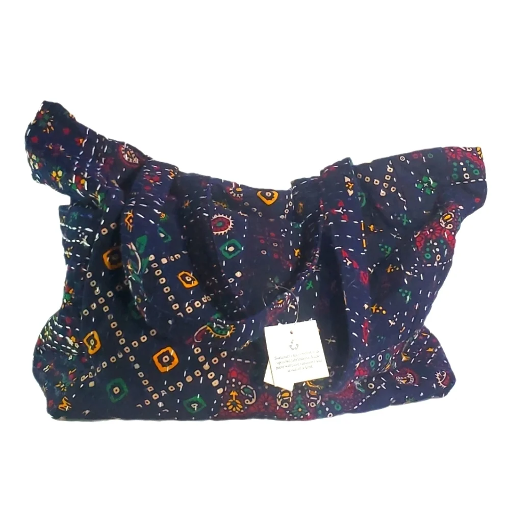WORLD MARKET Kantha Stitch Tote Bag Multi-color Upcycled Double Straps Bag NWT - Picture 1 of 9